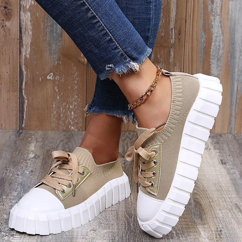 Women's Slip-On Shoes, Women's Platform Comfort Lightweight Solid Lace-Up Sneakers