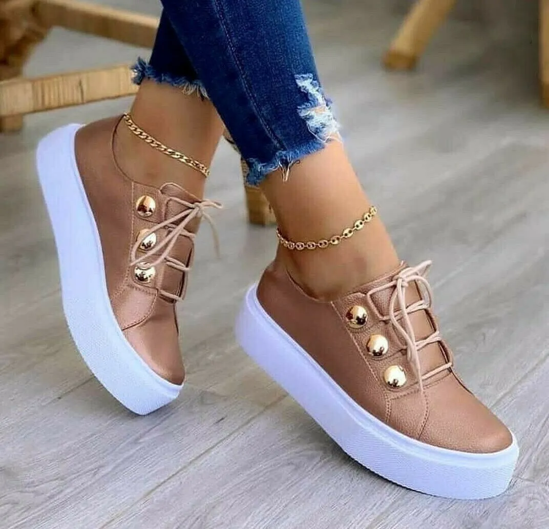 Women's Tennis Beige Gold Studs Sneakers