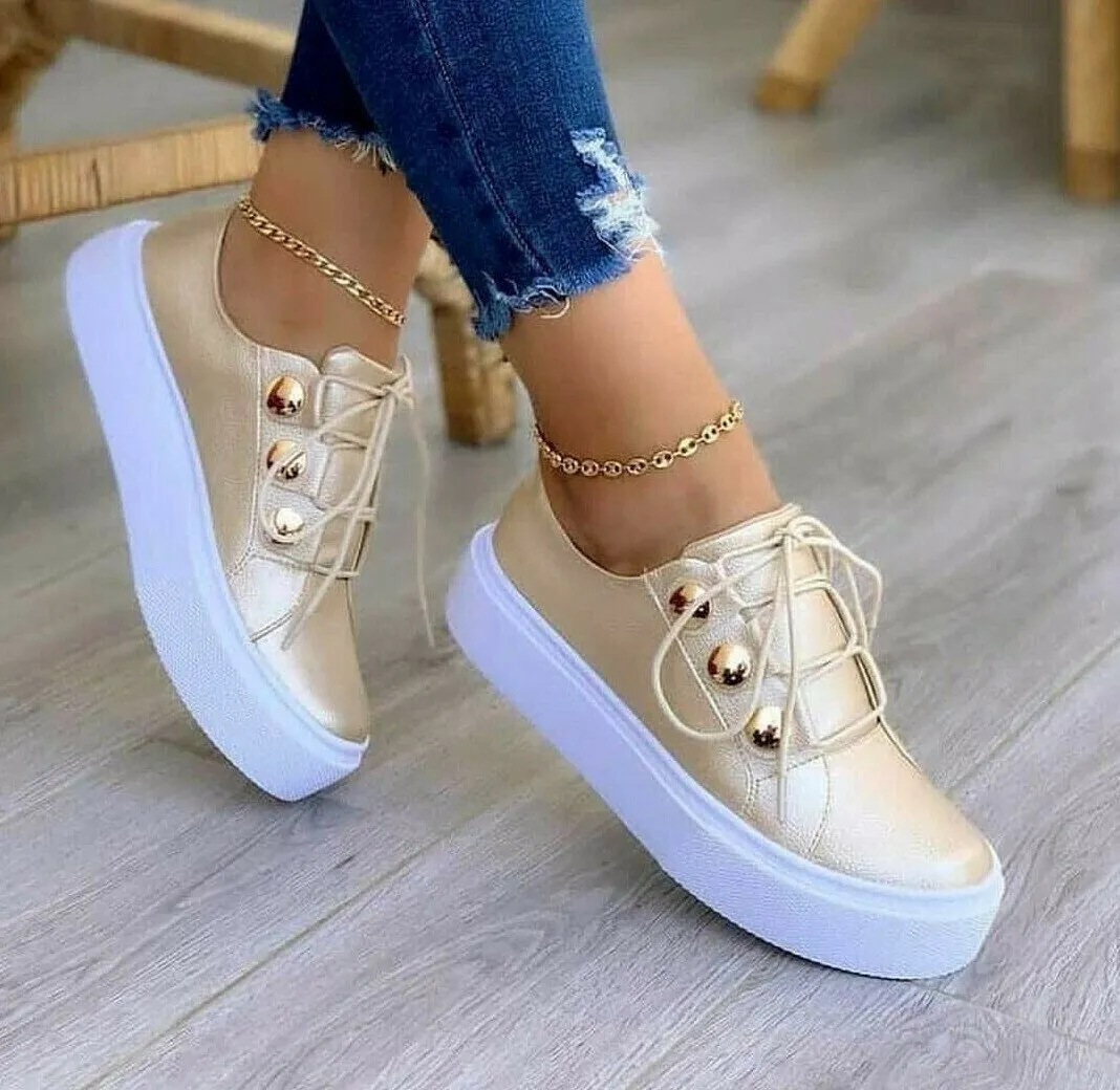 Women's Tennis Beige Gold Studs Sneakers